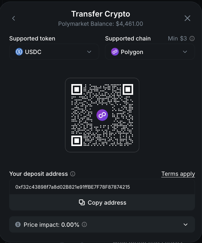 Transfer Crypto screen showing token and chain selectors, QR code, and deposit address