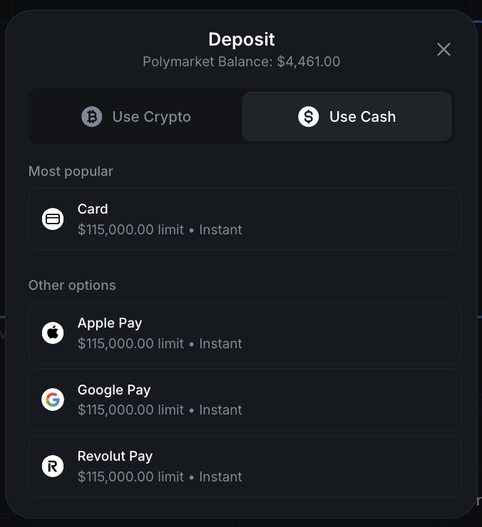 Use Cash deposit options showing Card, Apple Pay, Google Pay, and Revolut Pay